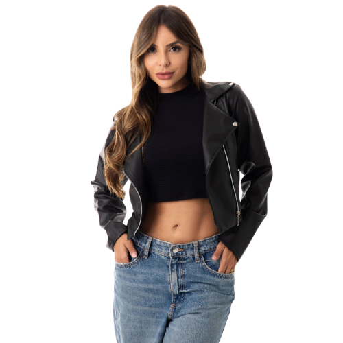 Jaqueta Feminina de Couro Sintético Preto