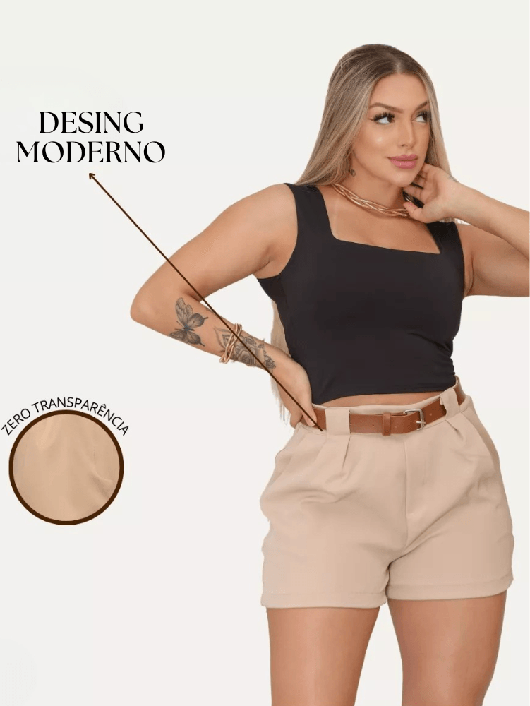 Short Feminino de Alfaiataria Cintura Alta Meia Coxa com Cinto
