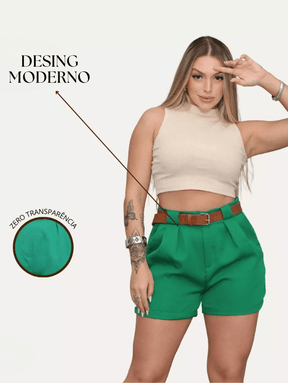 Short Feminino de Alfaiataria Cintura Alta Meia Coxa com Cinto