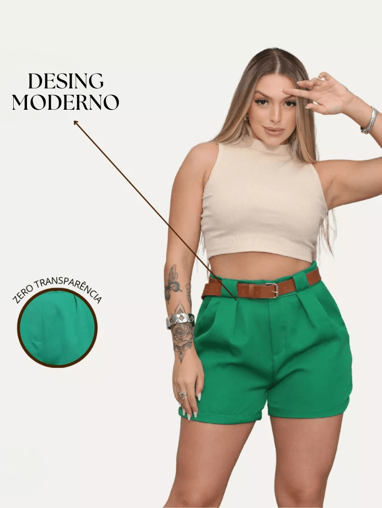 Short Feminino de Alfaiataria Cintura Alta Meia Coxa com Cinto