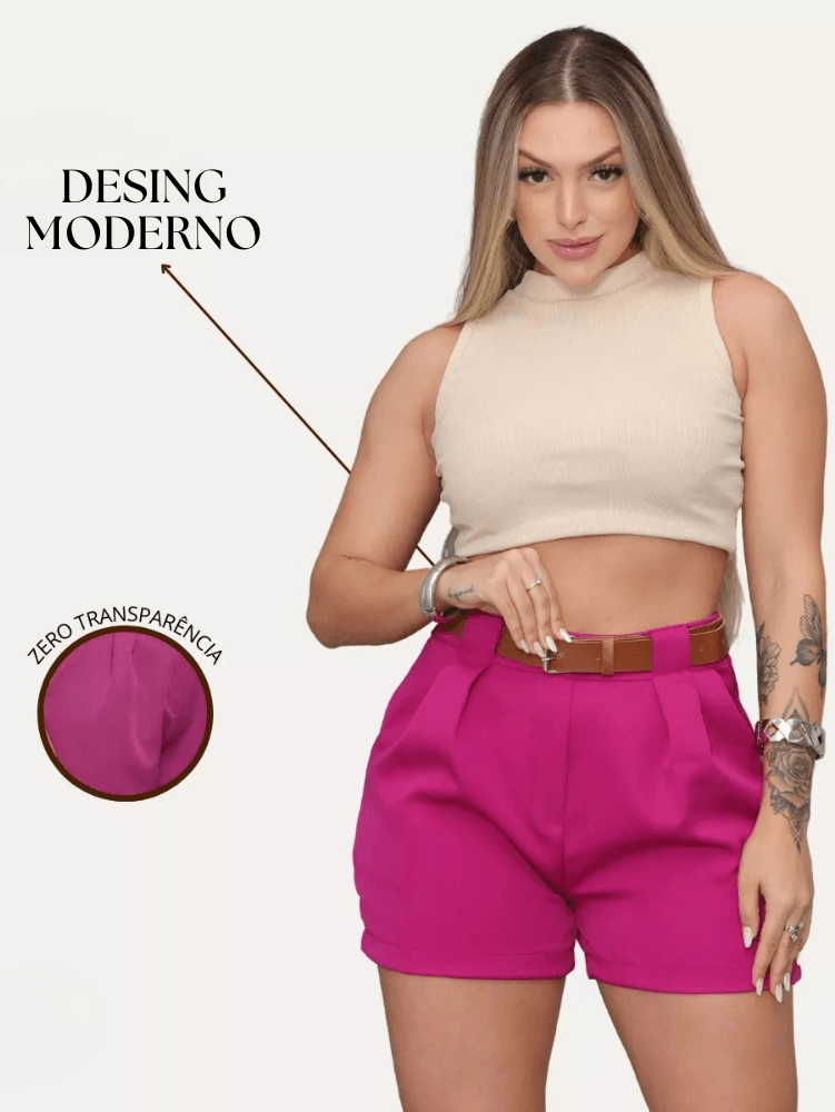 Short Feminino de Alfaiataria Cintura Alta Meia Coxa com Cinto